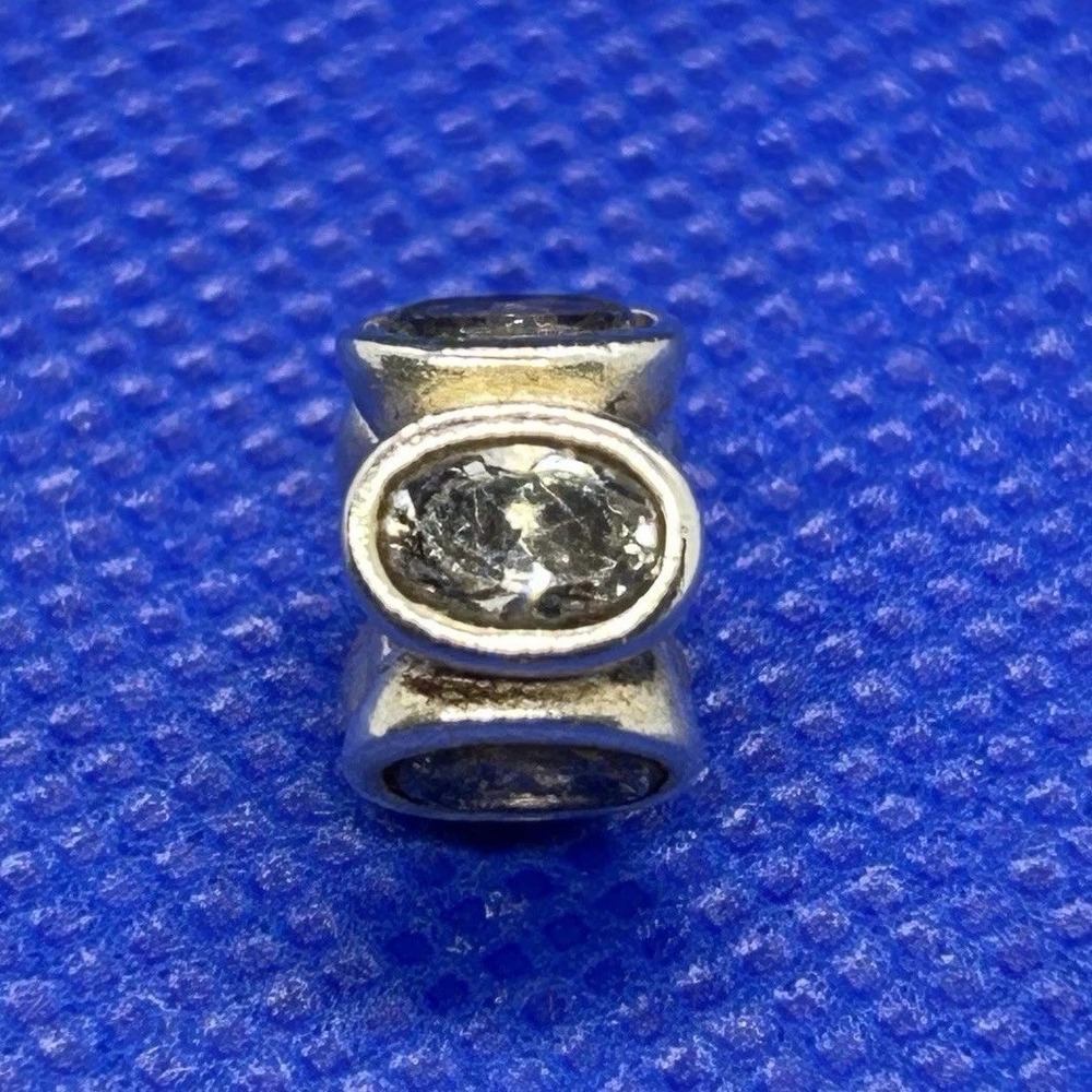 Sterling Silver Oval Clear Crystal Bezel Set Spacer Charm Bead for Bracelets